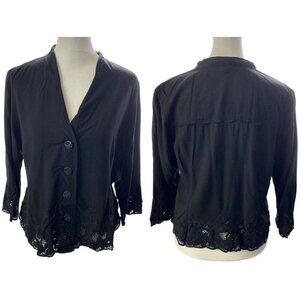 FRESCO Shirt Button Front Top 3/4 Sleeve Lace Trim Black S 11-10